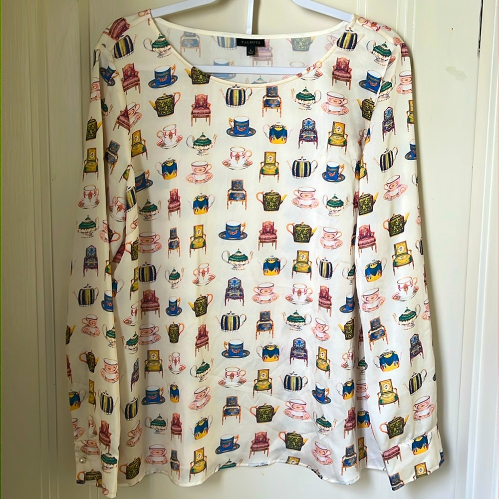 Talbots Bridgerton Print Blouse Size L Long Sleeves Teapots Cups - Picture 3 of 15